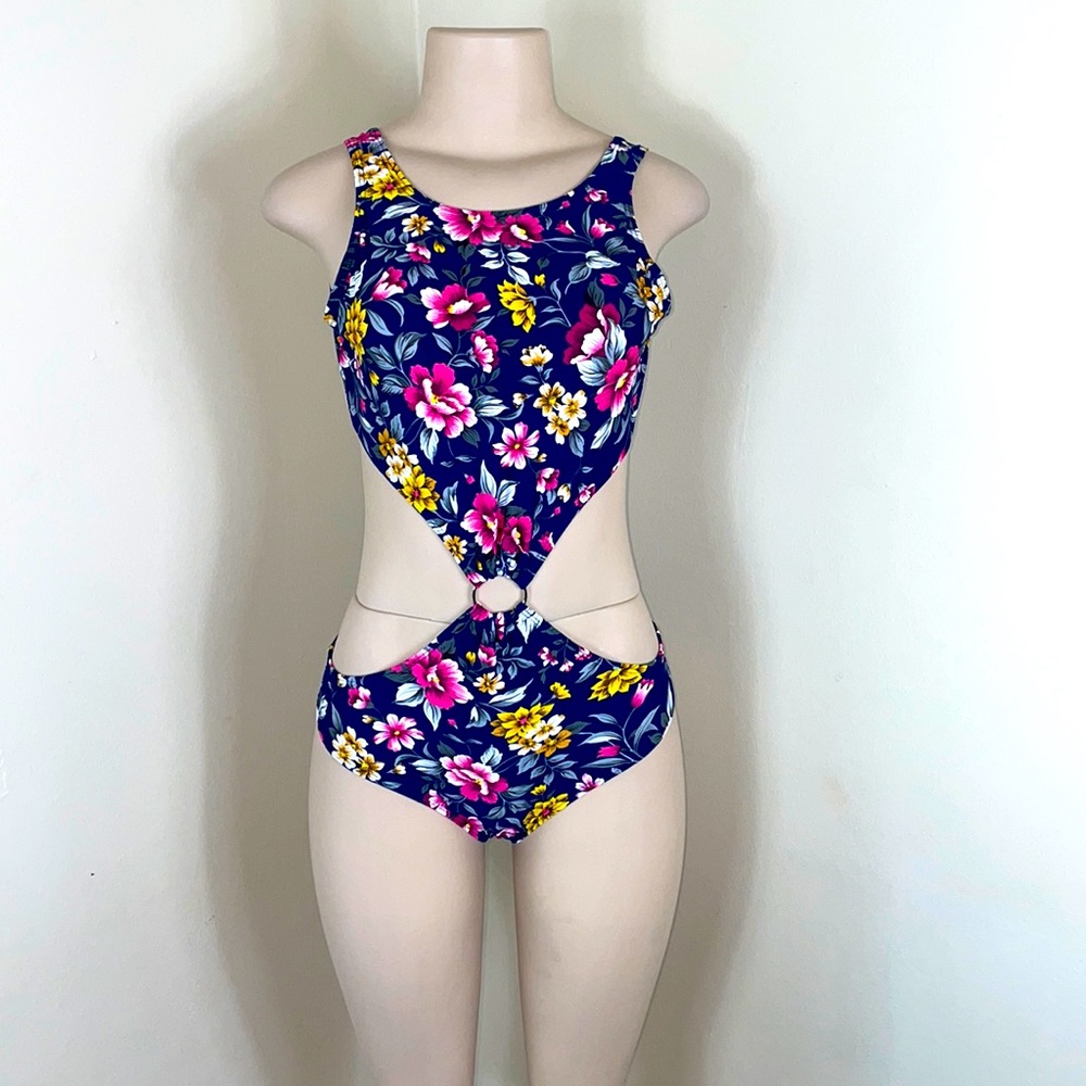 Bright Floral Cut Out One Piece Monokini Swimsuit